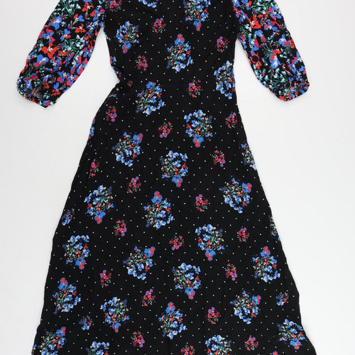 Marks and Spencer Womens Black Floral Viscose Maxi Size 8 Round Neck Zip