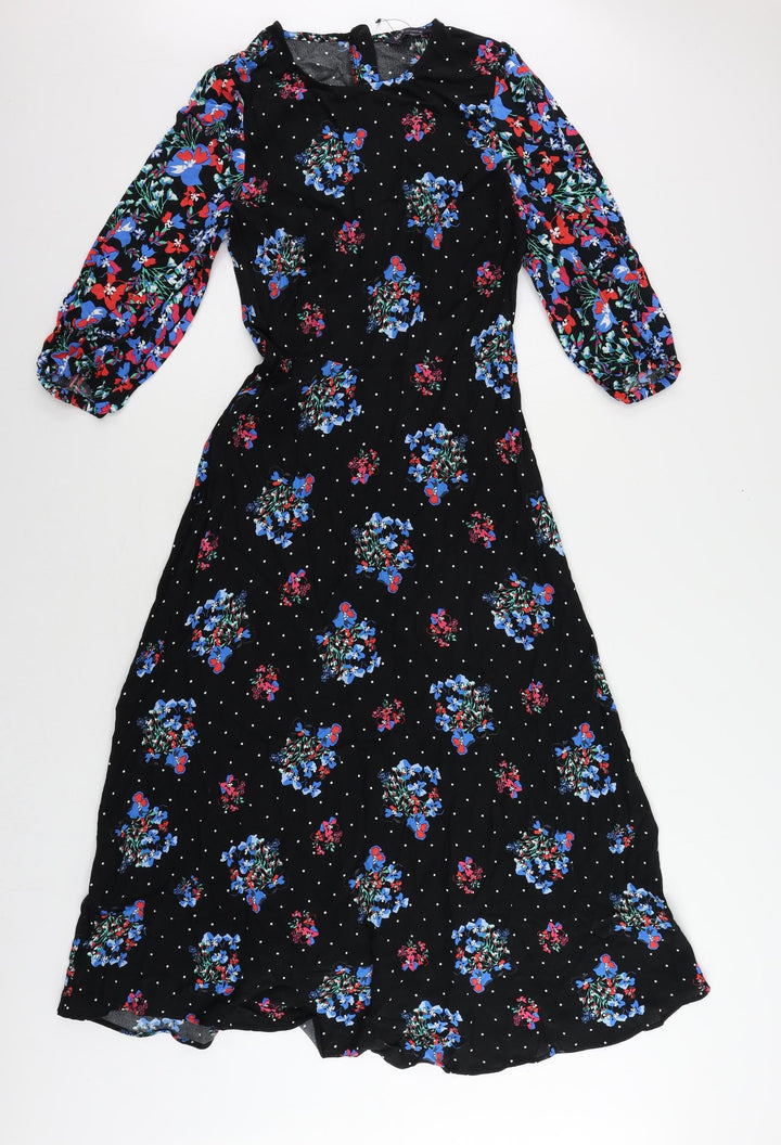 Marks and Spencer Womens Black Floral Viscose Maxi Size 8 Round Neck Zip