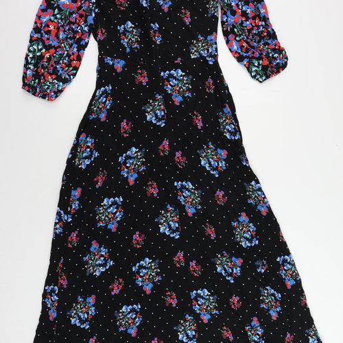 Marks and Spencer Womens Black Floral Viscose Maxi Size 8 Round Neck Zip