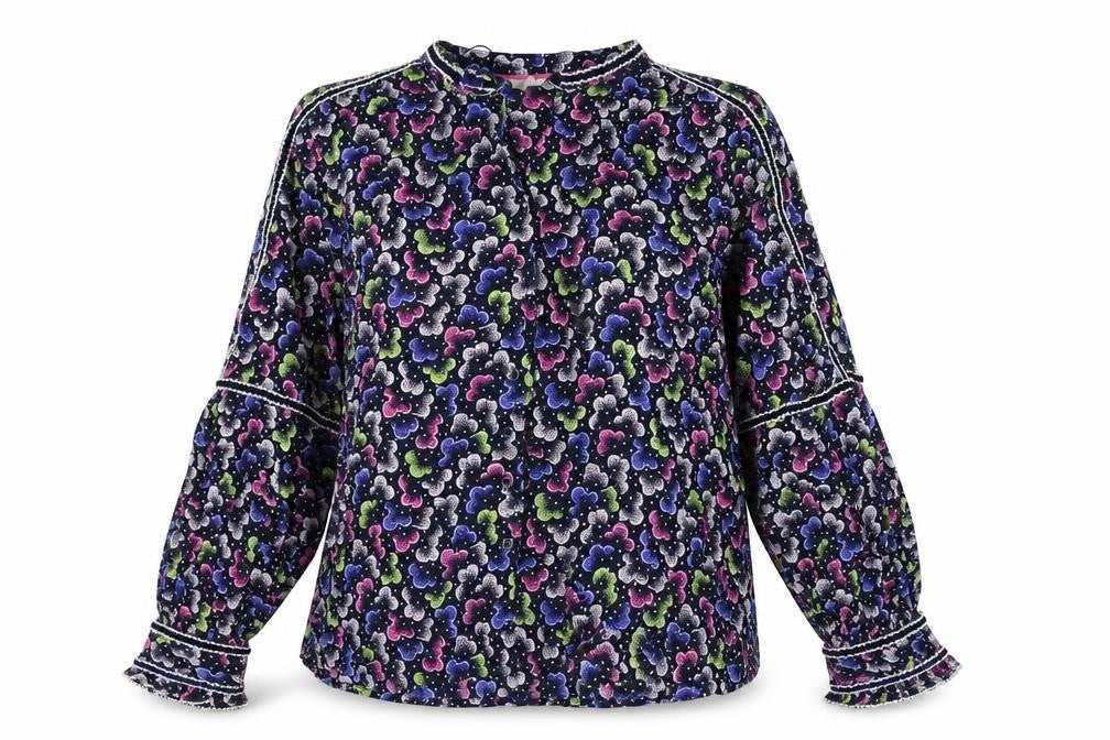 Front view of Per Una women’s blue geometric viscose basic button-up, size UK 10, v-neck