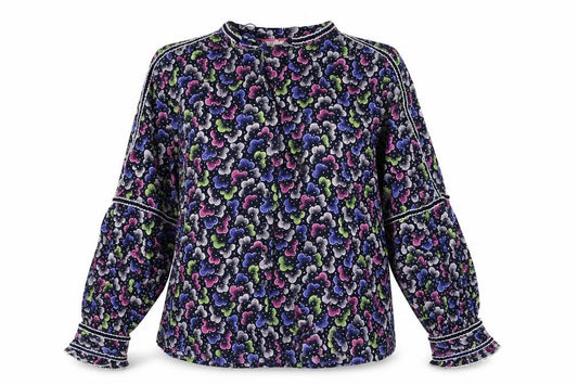 Front view of Per Una women’s blue geometric viscose basic button-up, size UK 10, v-neck