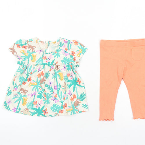 Marks and Spencer Girls Multicoloured Geometric Cotton Dress Set Outfit/Set Size 6-9 Months Button - Animal Graphic Print