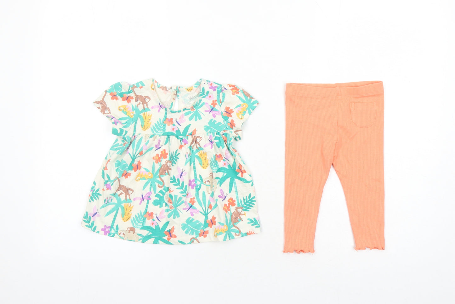 Marks and Spencer Girls Multicoloured Geometric Cotton Dress Set Outfit/Set Size 6-9 Months Button - Animal Graphic Print