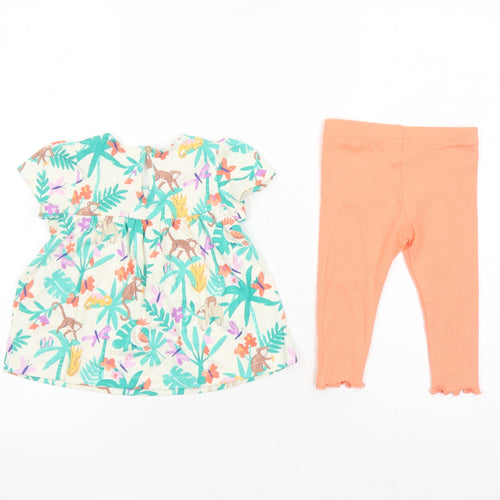 Marks and Spencer Girls Multicoloured Geometric Cotton Dress Set Outfit/Set Size 6-9 Months Button - Animal Graphic Print