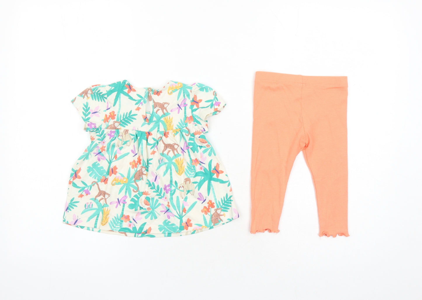 Marks and Spencer Girls Multicoloured Geometric Cotton Dress Set Outfit/Set Size 6-9 Months Button - Animal Graphic Print