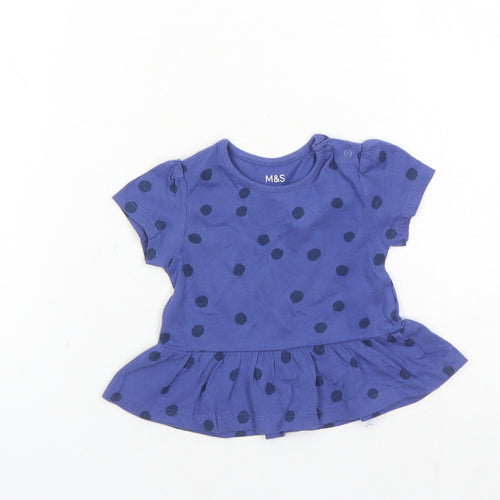 Marks and Spencer Girls Blue Polka Dot 100% Cotton Basic T-Shirt Size 3-6 Months Round Neck Snap