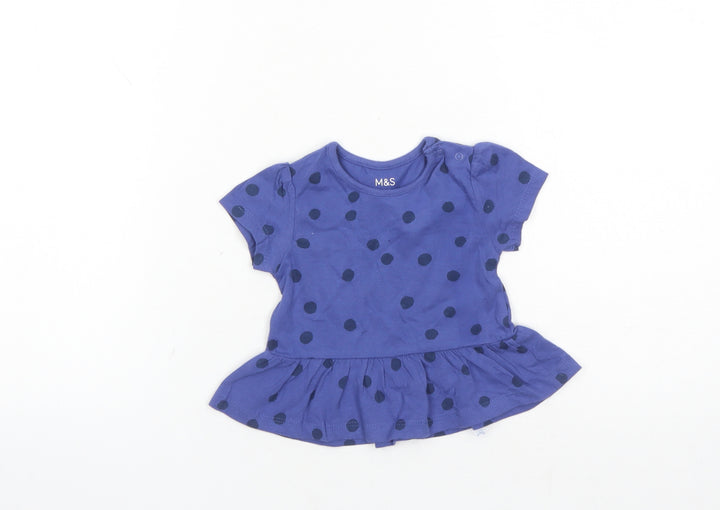 Marks and Spencer Girls Blue Polka Dot 100% Cotton Basic T-Shirt Size 3-6 Months Round Neck Snap