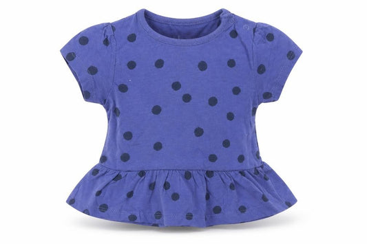 Front view of Marks & Spencer girls’ blue polka dot 100% cotton basic t-shirt, size 3-6, months round neck snap