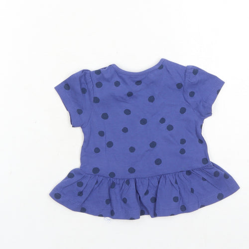 Marks and Spencer Girls Blue Polka Dot 100% Cotton Basic T-Shirt Size 3-6 Months Round Neck Snap