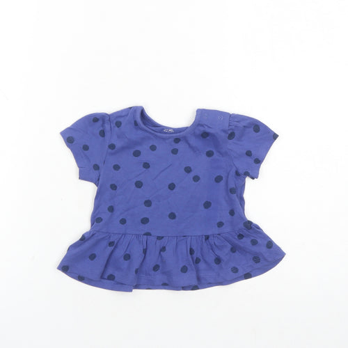 Marks and Spencer Girls Blue Polka Dot 100% Cotton Basic T-Shirt Size 9-12 Months Round Neck Snap