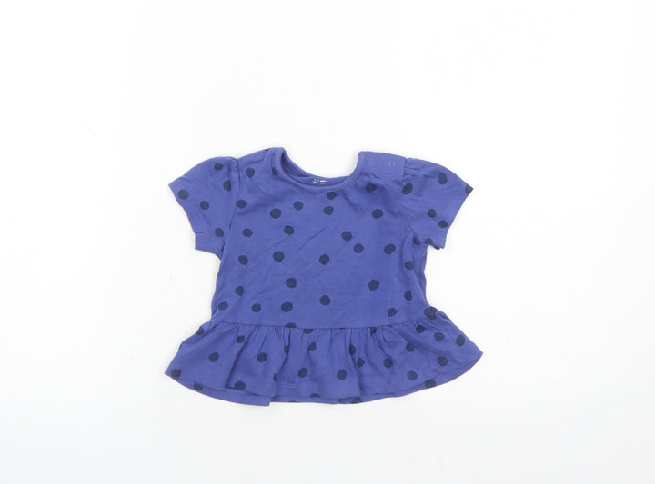 Marks and Spencer Girls Blue Polka Dot 100% Cotton Basic T-Shirt Size 9-12 Months Round Neck Snap
