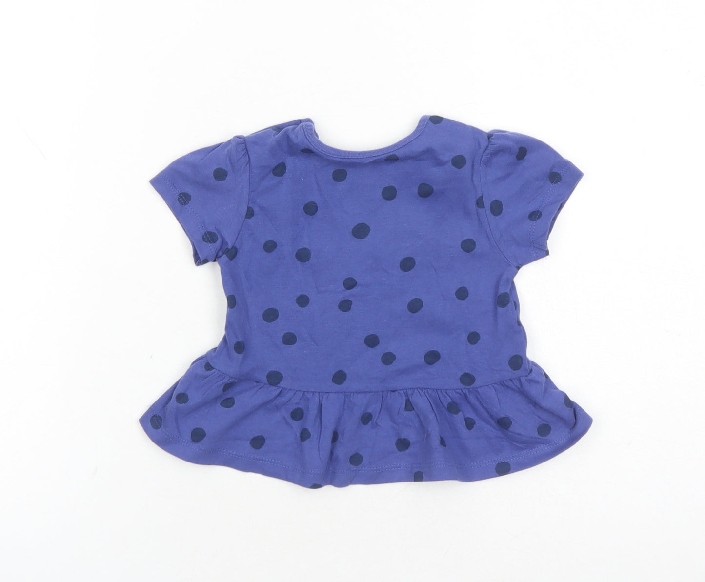 Marks and Spencer Girls Blue Polka Dot 100% Cotton Basic T-Shirt Size 9-12 Months Round Neck Snap