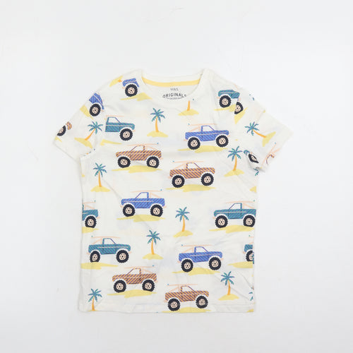 Marks and Spencer Boys White Geometric Cotton Basic T-Shirt Size 7-8 Years Crew Neck Pullover