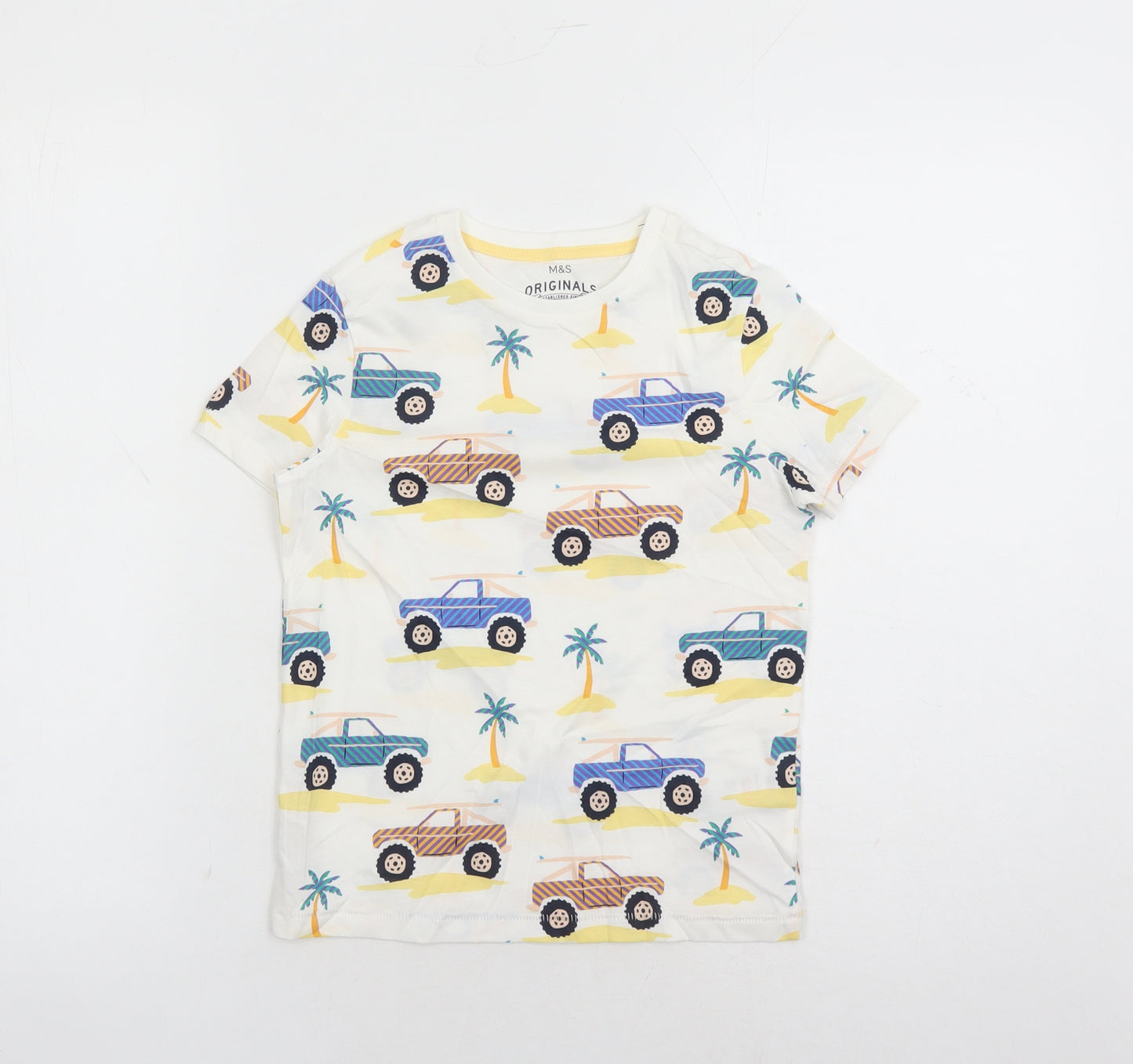 Marks and Spencer Boys White Geometric Cotton Basic T-Shirt Size 7-8 Years Crew Neck Pullover