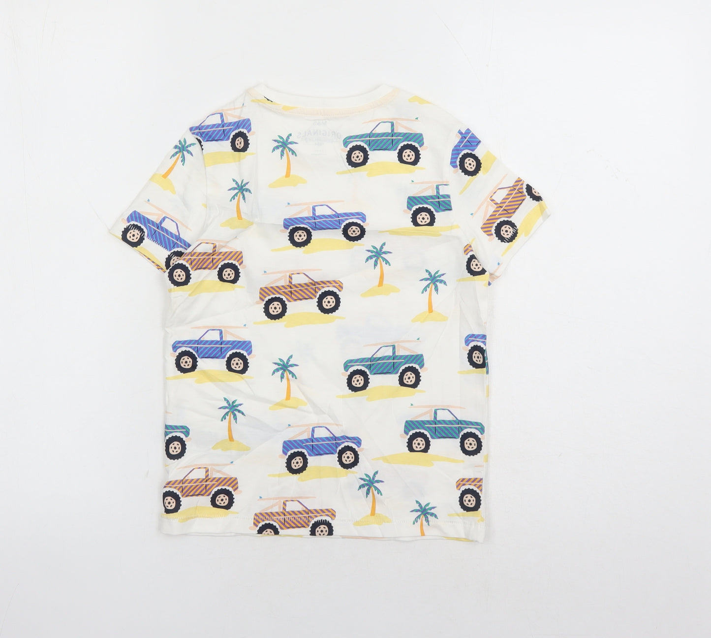 Marks and Spencer Boys White Geometric Cotton Basic T-Shirt Size 7-8 Years Crew Neck Pullover