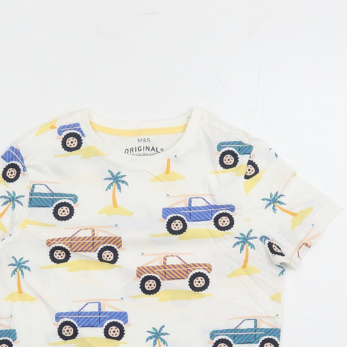Marks and Spencer Boys White Geometric Cotton Basic T-Shirt Size 7-8 Years Crew Neck Pullover