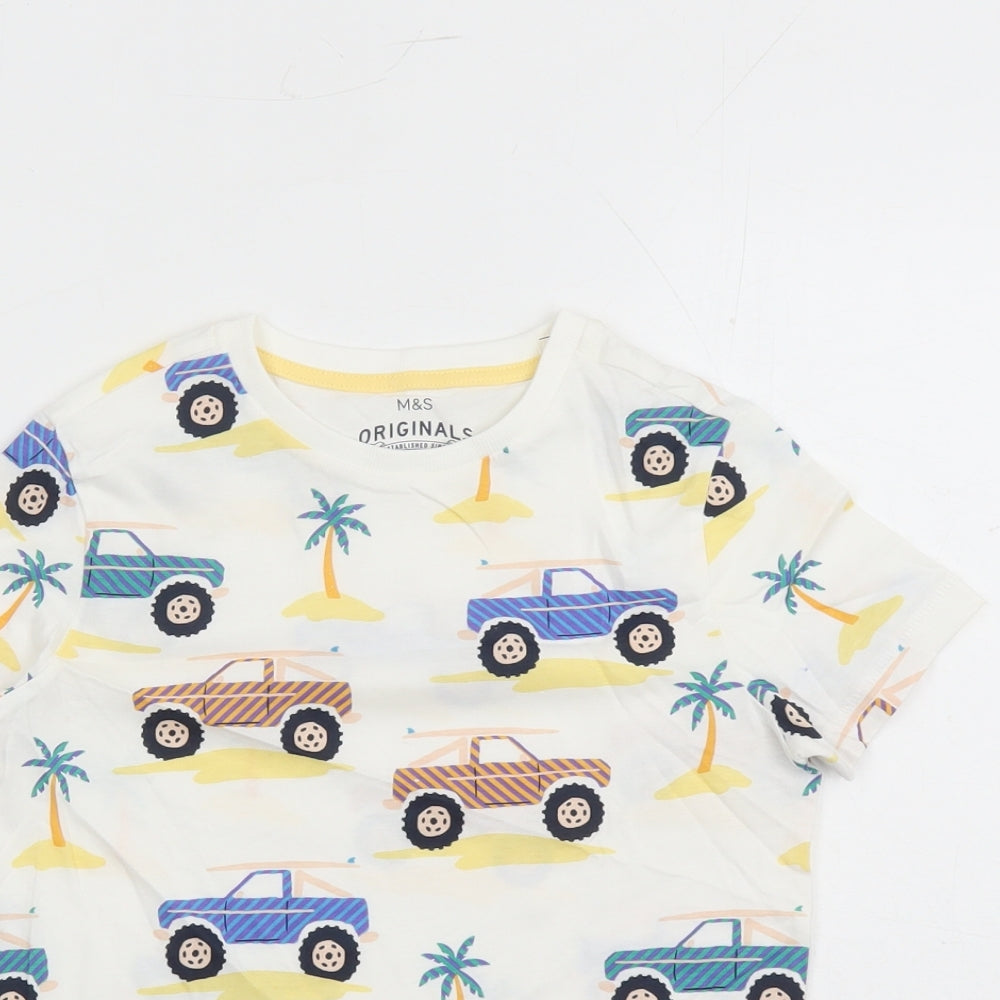 Marks and Spencer Boys White Geometric Cotton Basic T-Shirt Size 7-8 Years Crew Neck Pullover
