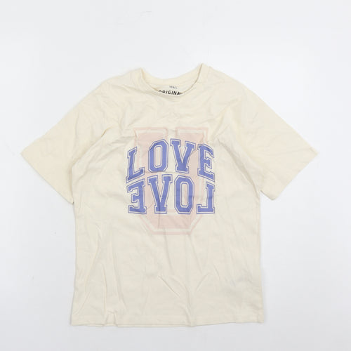 Marks and Spencer Girls Ivory 100% Cotton Basic T-Shirt Size 7-8 Years Crew Neck Pullover - Love