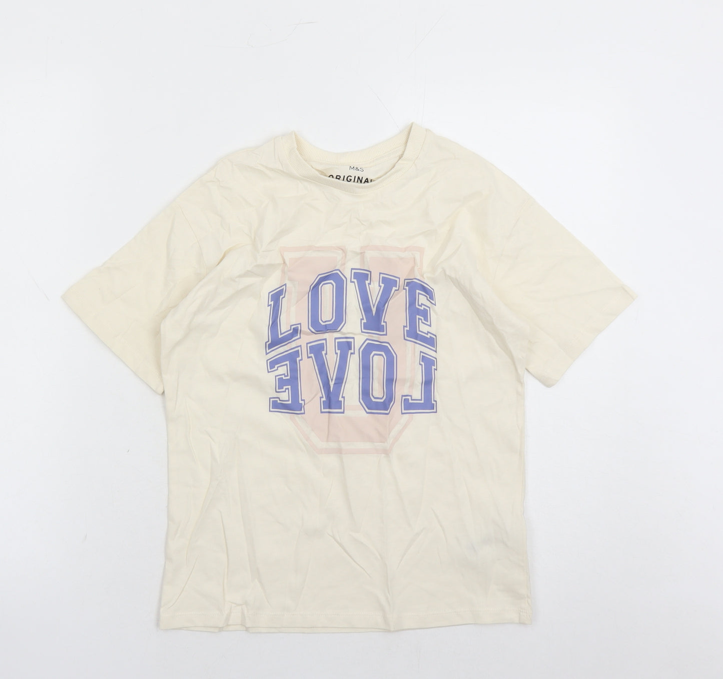 Marks and Spencer Girls Ivory 100% Cotton Basic T-Shirt Size 7-8 Years Crew Neck Pullover - Love