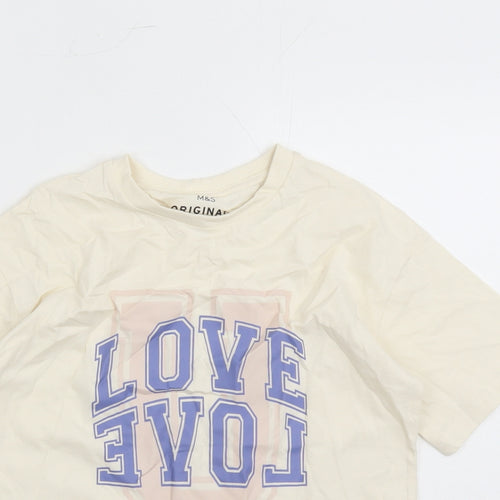 Marks and Spencer Girls Ivory 100% Cotton Basic T-Shirt Size 7-8 Years Crew Neck Pullover - Love