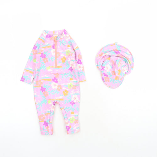 Marks and Spencer Girls Purple Floral Polyester Bodysuit Outfit/Set Size 0-3 Months Zip - Swim Suit Hat Included