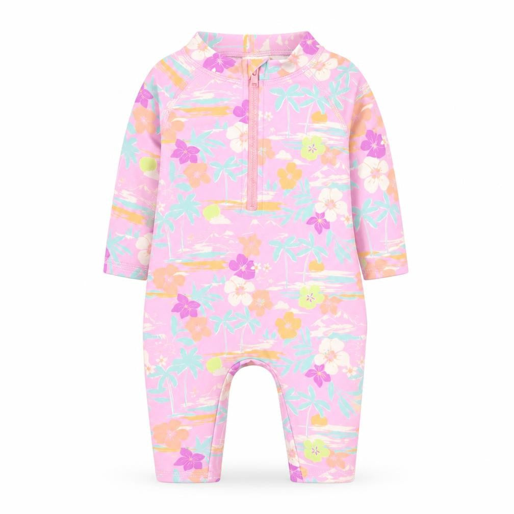 Marks and Spencer Girls Purple Floral Polyester Bodysuit Outfit/Set Size 0-3 Months Zip - Swim Suit Hat Included