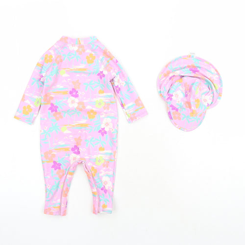 Marks and Spencer Girls Purple Floral Polyester Bodysuit Outfit/Set Size 0-3 Months Zip - Swim Suit Hat Included