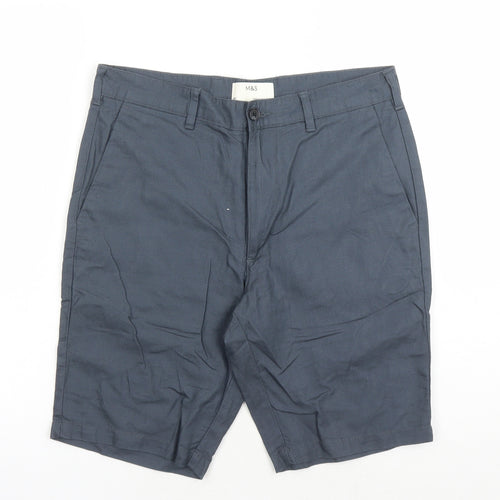 Marks and Spencer Mens Grey Cotton Chino Shorts Size 30 in L9 in Regular Zip - Pockets
