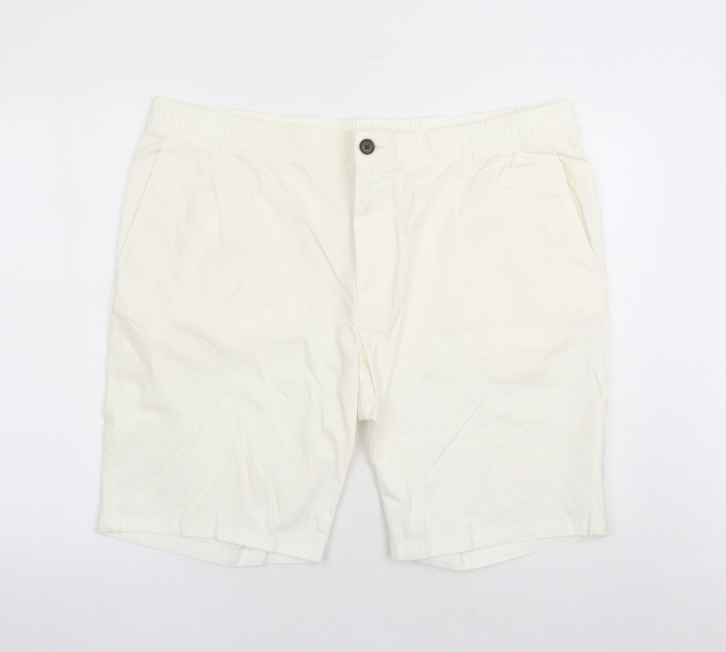 Marks and Spencer Mens White Cotton Chino Shorts Size 2XL L9 in Regular Zip - Elasticated Waist Pockets