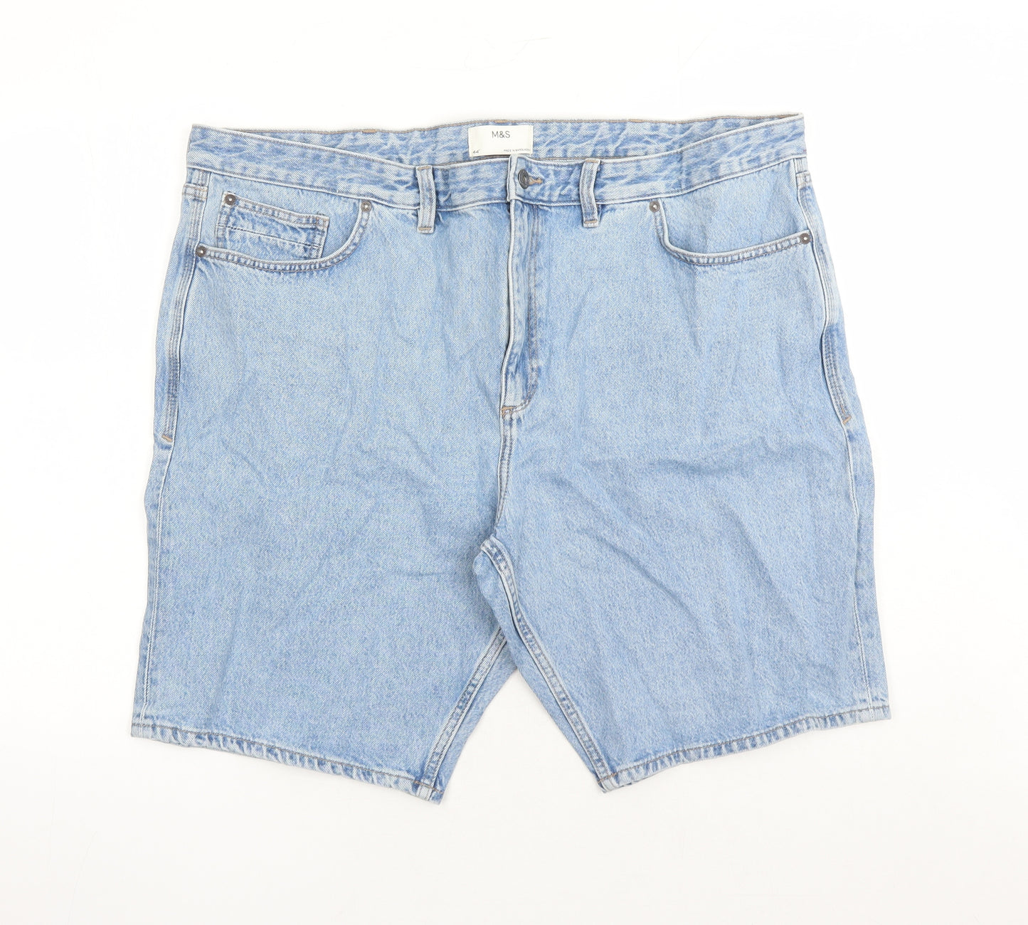 Marks and Spencer Mens Blue Cotton Biker Shorts Size 44 in L9 in Regular Zip - Pockets