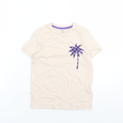 Marks and Spencer Boys Beige Cotton Basic T-Shirt Size 6-7 Years Crew Neck Pullover - Palm Tree