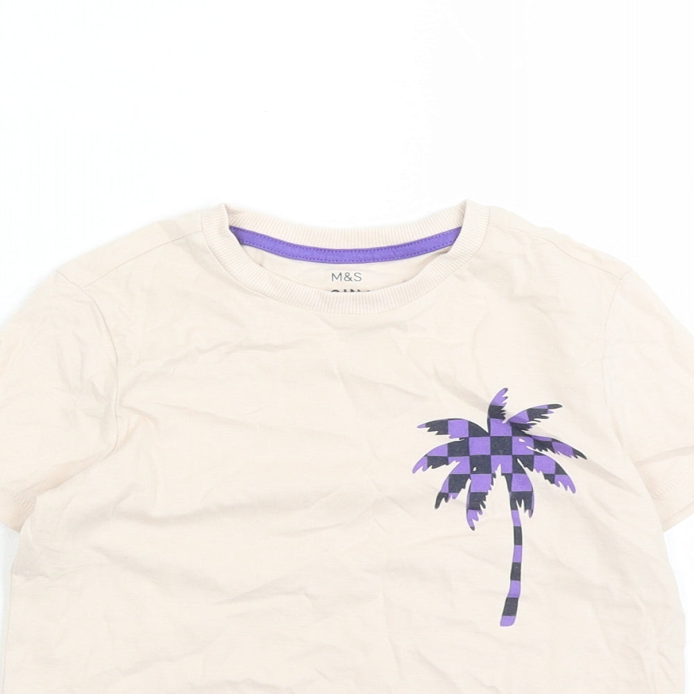 Marks and Spencer Boys Beige Cotton Basic T-Shirt Size 6-7 Years Crew Neck Pullover - Palm Tree