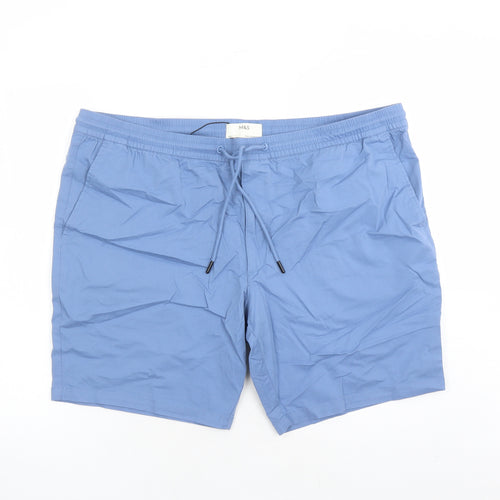 Marks and Spencer Mens Blue Cotton Chino Shorts Size 2XL L8 in Regular Drawstring - Elasticated Waist Pockets