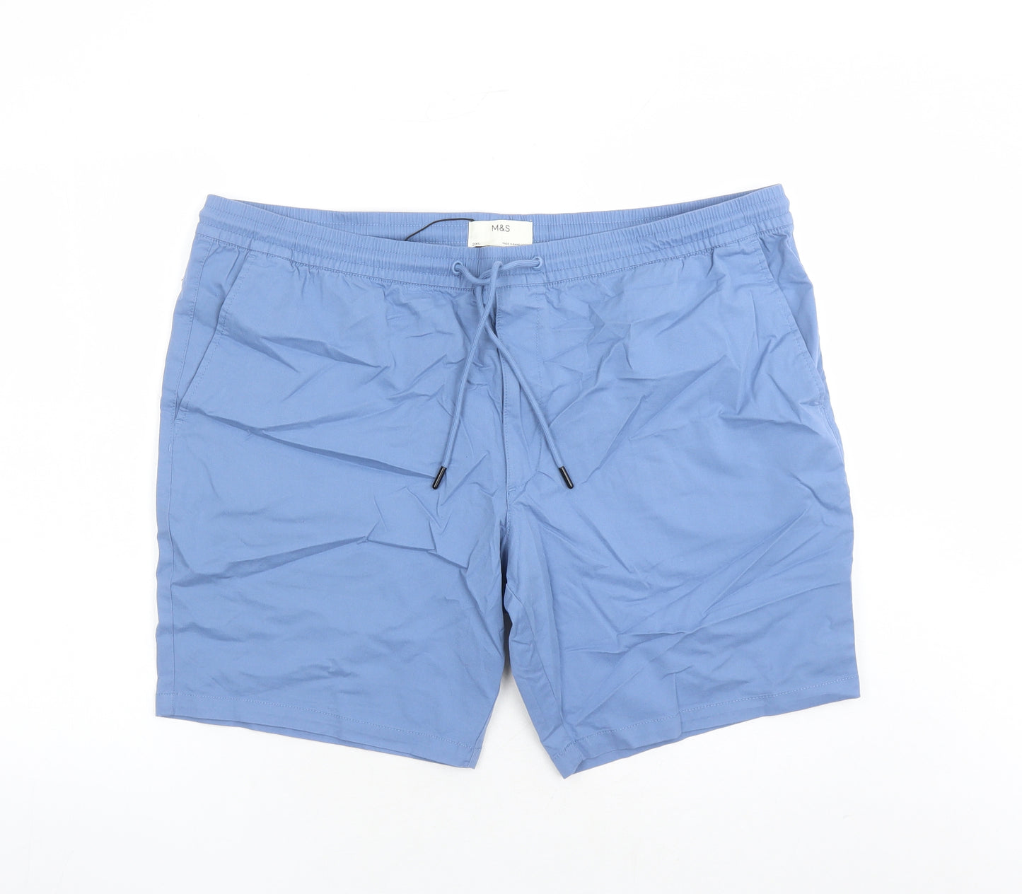 Marks and Spencer Mens Blue Cotton Chino Shorts Size 2XL L8 in Regular Drawstring - Elasticated Waist Pockets