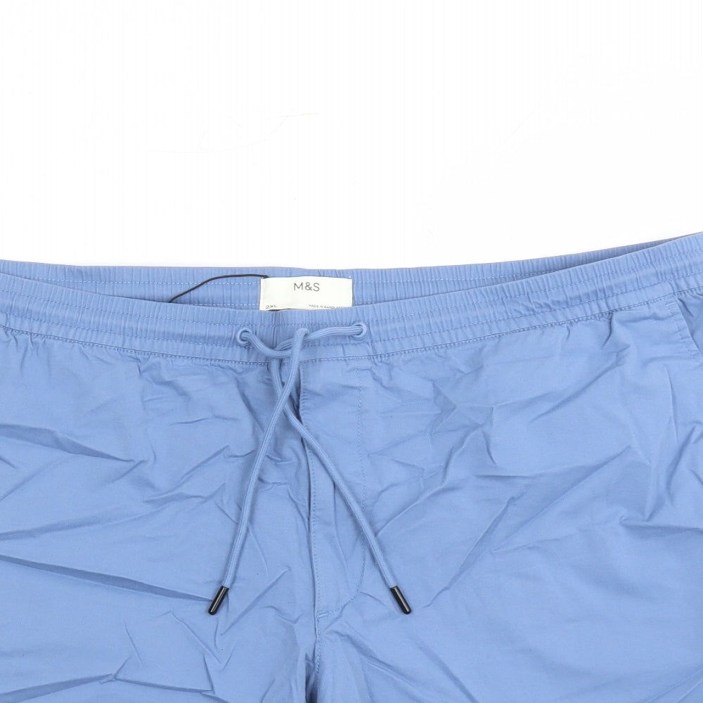 Marks and Spencer Mens Blue Cotton Chino Shorts Size 2XL L8 in Regular Drawstring - Elasticated Waist Pockets