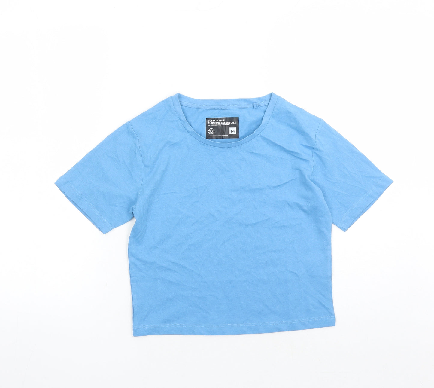 Fluid Womens Blue 100% Cotton Cropped T-Shirt Size 14 Crew Neck