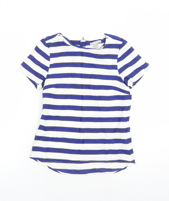 H&M Womens White Striped Viscose Basic Blouse Size 4 Round Neck