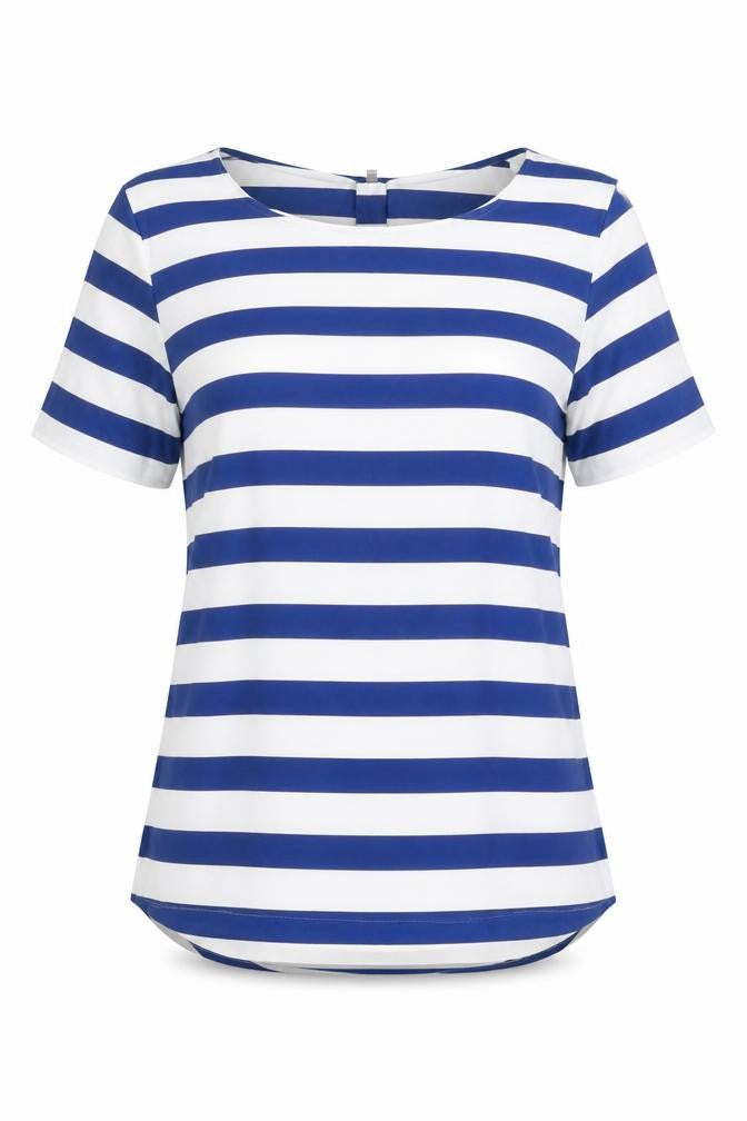 Front view of H&M women’s white striped viscose basic blouse, size UK 4, round neck