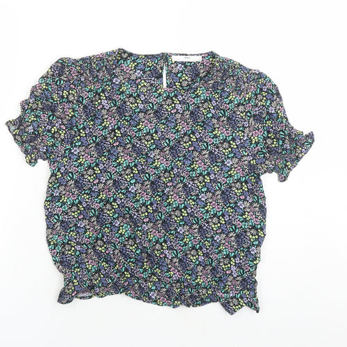 Marks and Spencer Girls Black Floral Viscose Basic Blouse Size 13-14 Years Round Neck Button