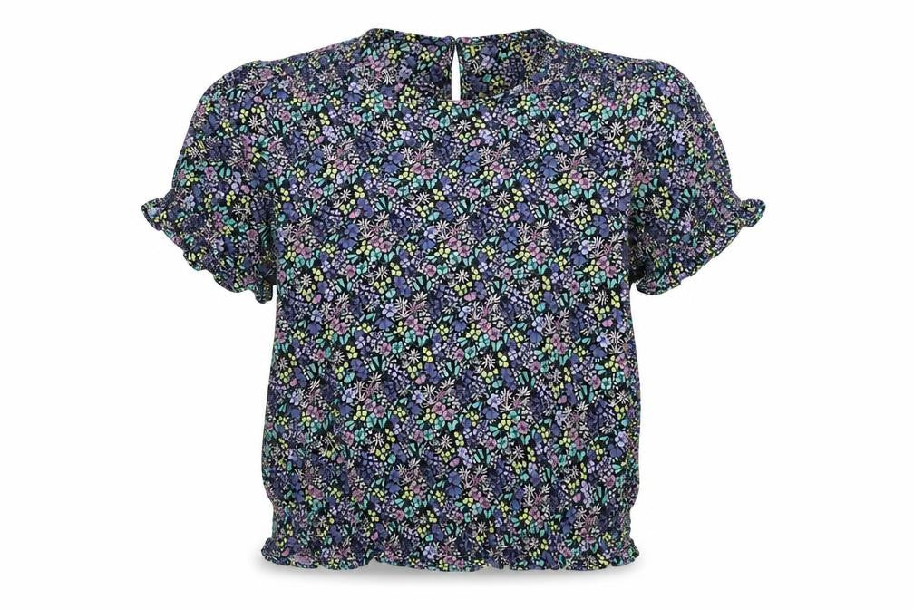 Marks and Spencer Girls Black Floral Viscose Basic Blouse Size 13-14 Years Round Neck Button