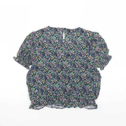 Marks and Spencer Girls Black Floral Viscose Basic Blouse Size 13-14 Years Round Neck Button