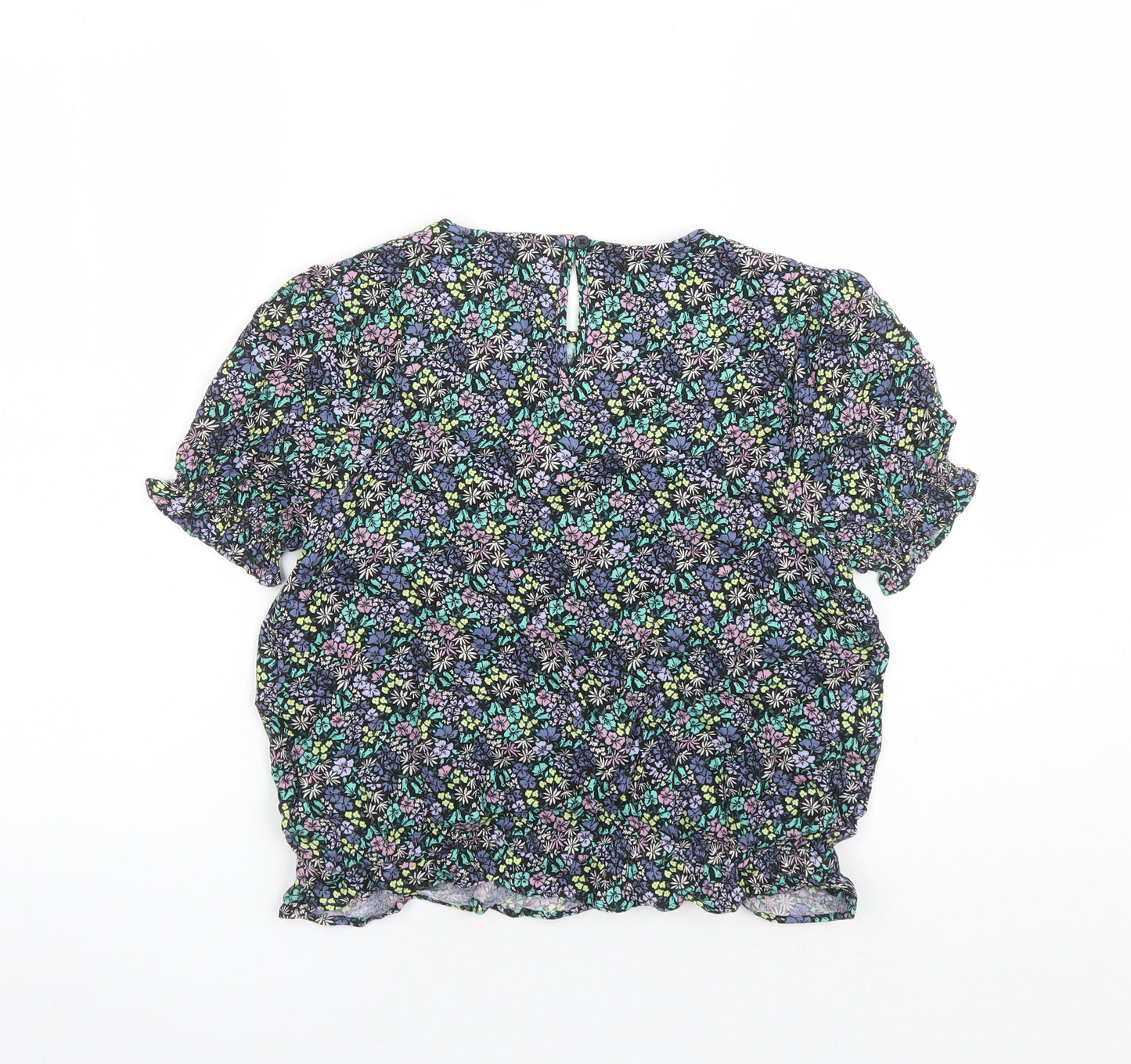 Marks and Spencer Girls Black Floral Viscose Basic Blouse Size 13-14 Years Round Neck Button