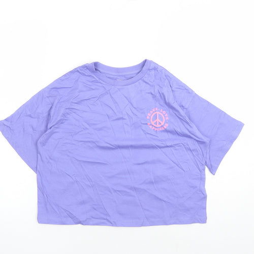 Marks and Spencer Girls Purple 100% Cotton Cropped T-Shirt Size 10-11 Years Crew Neck Pullover - Peace.Love.Happiness