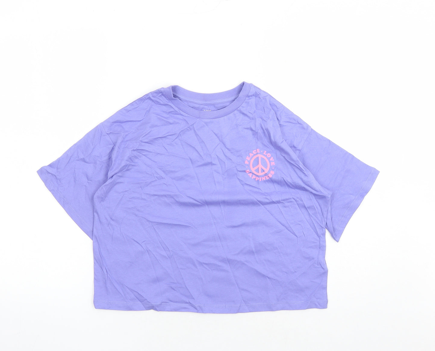 Marks and Spencer Girls Purple 100% Cotton Cropped T-Shirt Size 10-11 Years Crew Neck Pullover - Peace.Love.Happiness