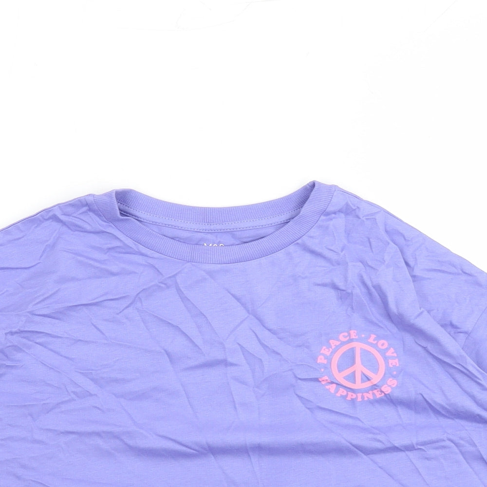 Marks and Spencer Girls Purple 100% Cotton Cropped T-Shirt Size 10-11 Years Crew Neck Pullover - Peace.Love.Happiness