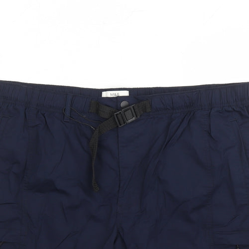 Marks and Spencer Mens Blue Cotton Cargo Shorts Size 44 in L8 in Regular Zip - Elasticated Waist Pockets