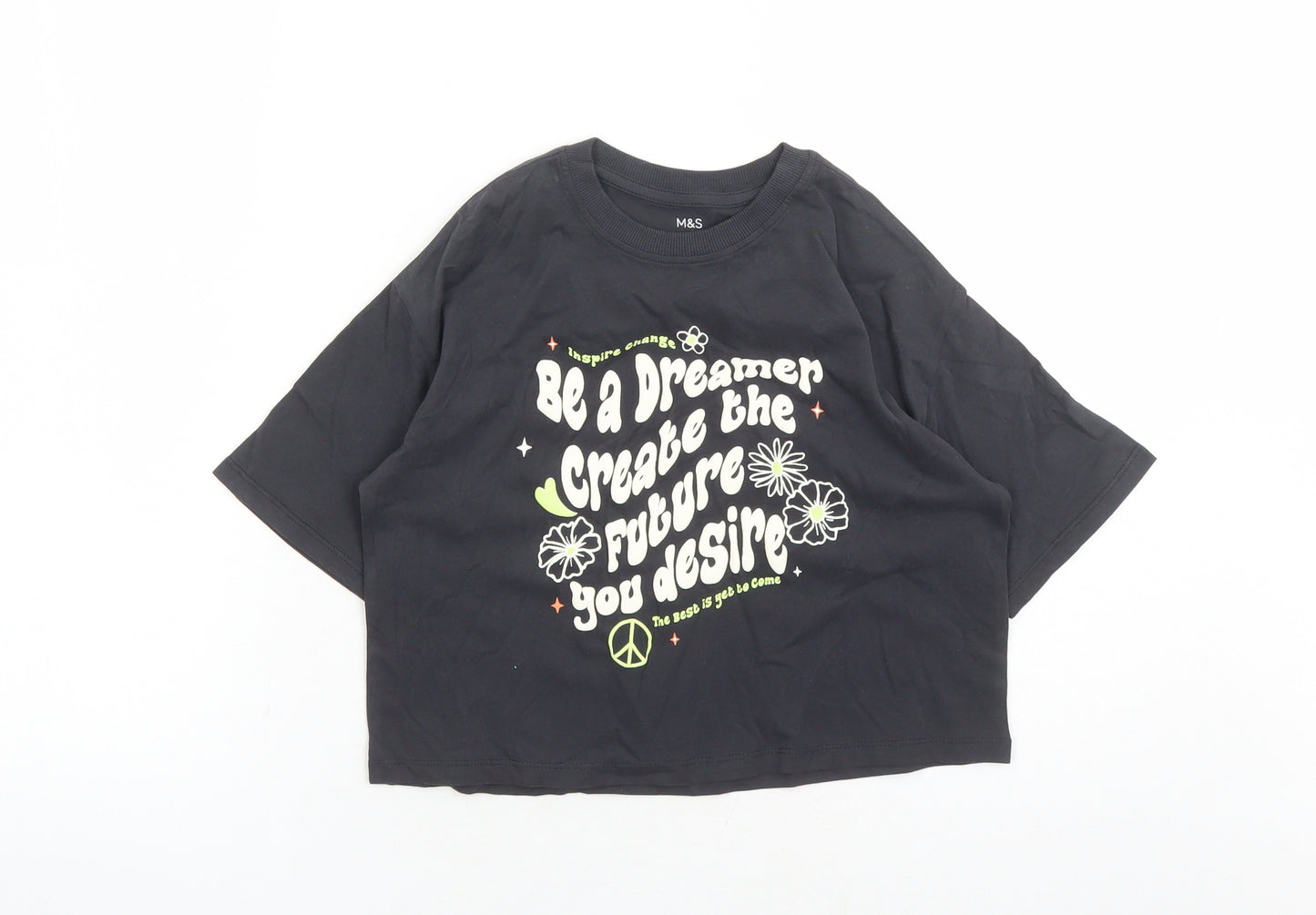 Marks and Spencer Girls Grey Cotton Cropped T-Shirt Size 6-7 Years Crew Neck Pullover - Be A Dreamer