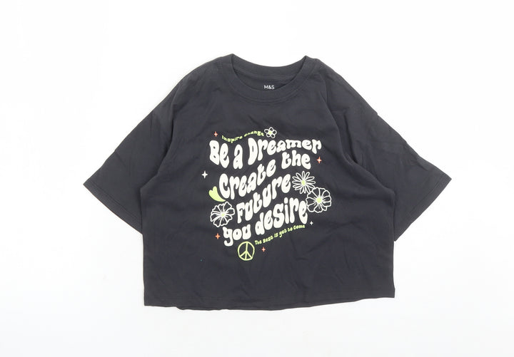 Marks and Spencer Girls Grey Cotton Cropped T-Shirt Size 6-7 Years Crew Neck Pullover - Be A Dreamer