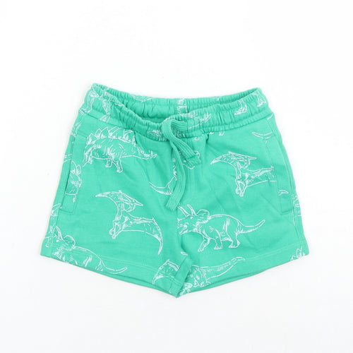 Marks and Spencer Boys Green Geometric Cotton Sweat Shorts Size 2-3 Years Regular Drawstring - Waist Size 22 inches Inside Leg 2 Inches Elasticated Waist Dinosaur Pattern