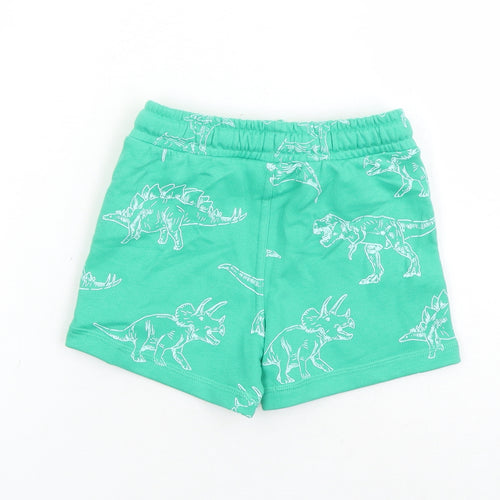 Marks and Spencer Boys Green Geometric Cotton Sweat Shorts Size 2-3 Years Regular Drawstring - Waist Size 22 inches Inside Leg 2 Inches Elasticated Waist Dinosaur Pattern